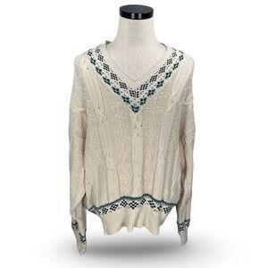 Vintage Allen Solly Mens Cream Cable Knit Fair Isle V-Neck Tennis Sweater Large